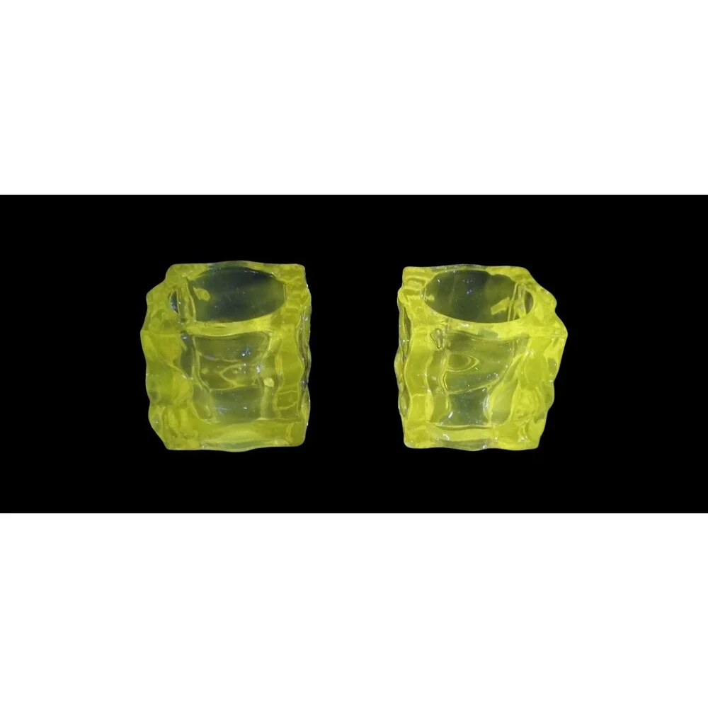 Set Of 2 Partylite GLACIER Square Ice Clear Glass Tealight Candle Holder UV Glow
